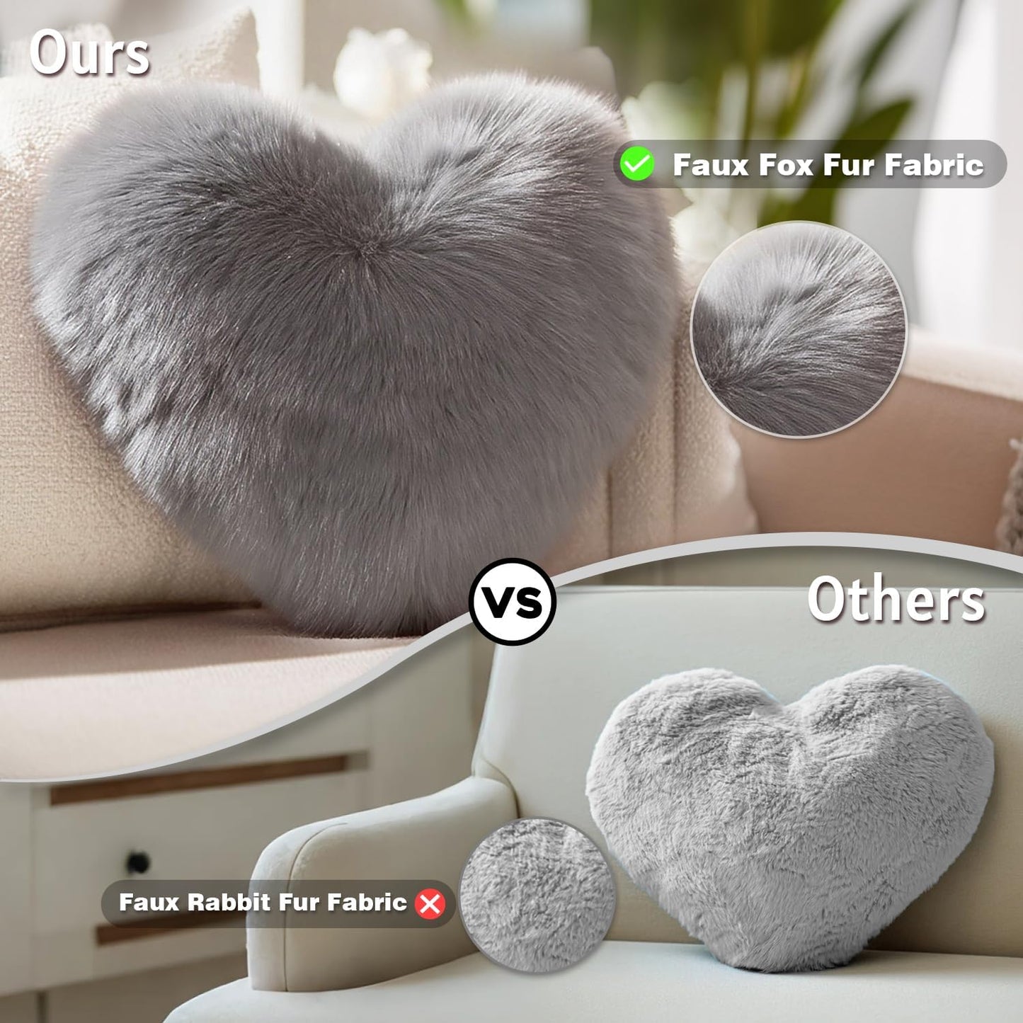 Grey Heart Pillow, Faux Fox Fur Heart Decorative Pillows, Heart Shaped Throw Pillow for Bed, Soft Fluffy Decorative Cushion for Chair Sofa Living Room - Plush Pillow Home Decor