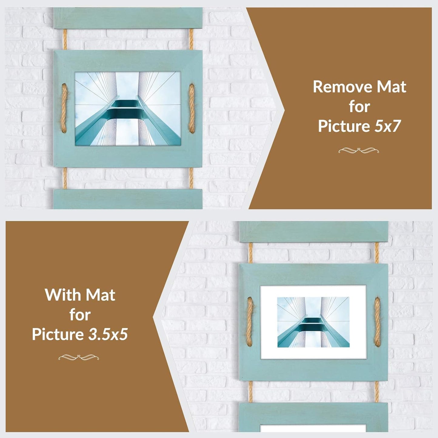 DLQuarts 5x7 Hanging Picture Frames Collage Wall Decor, 4-Opening 5x7 Matted to 3.5x5 Photo Rustic Wood Frame with Hemp Rope, 1 Pack, Ocean Blue