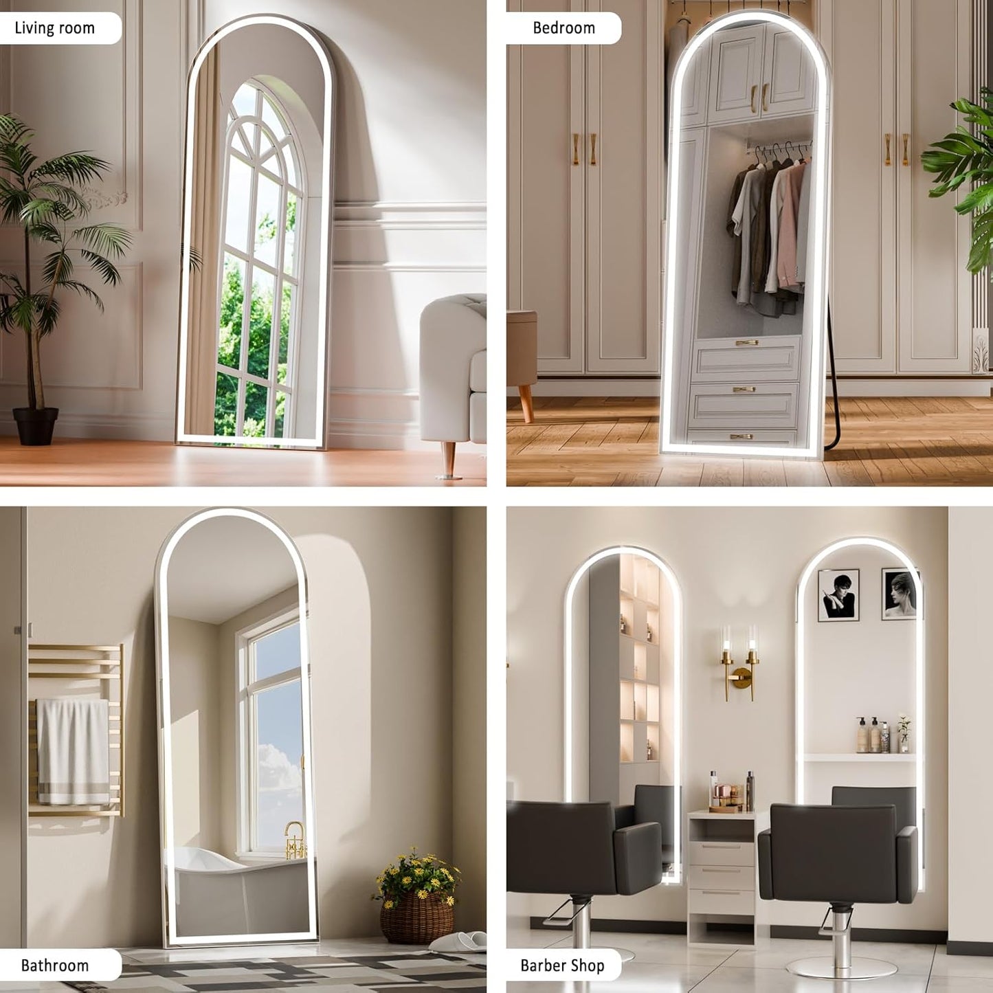 LED Arched Full Length Mirror with Lights 63"x20" - Lighted Floor Mirror with Dimming & 3 Color Lighting, Aluminum Frame Standing Leaning or Hanging for Bedroom Cloakroom White