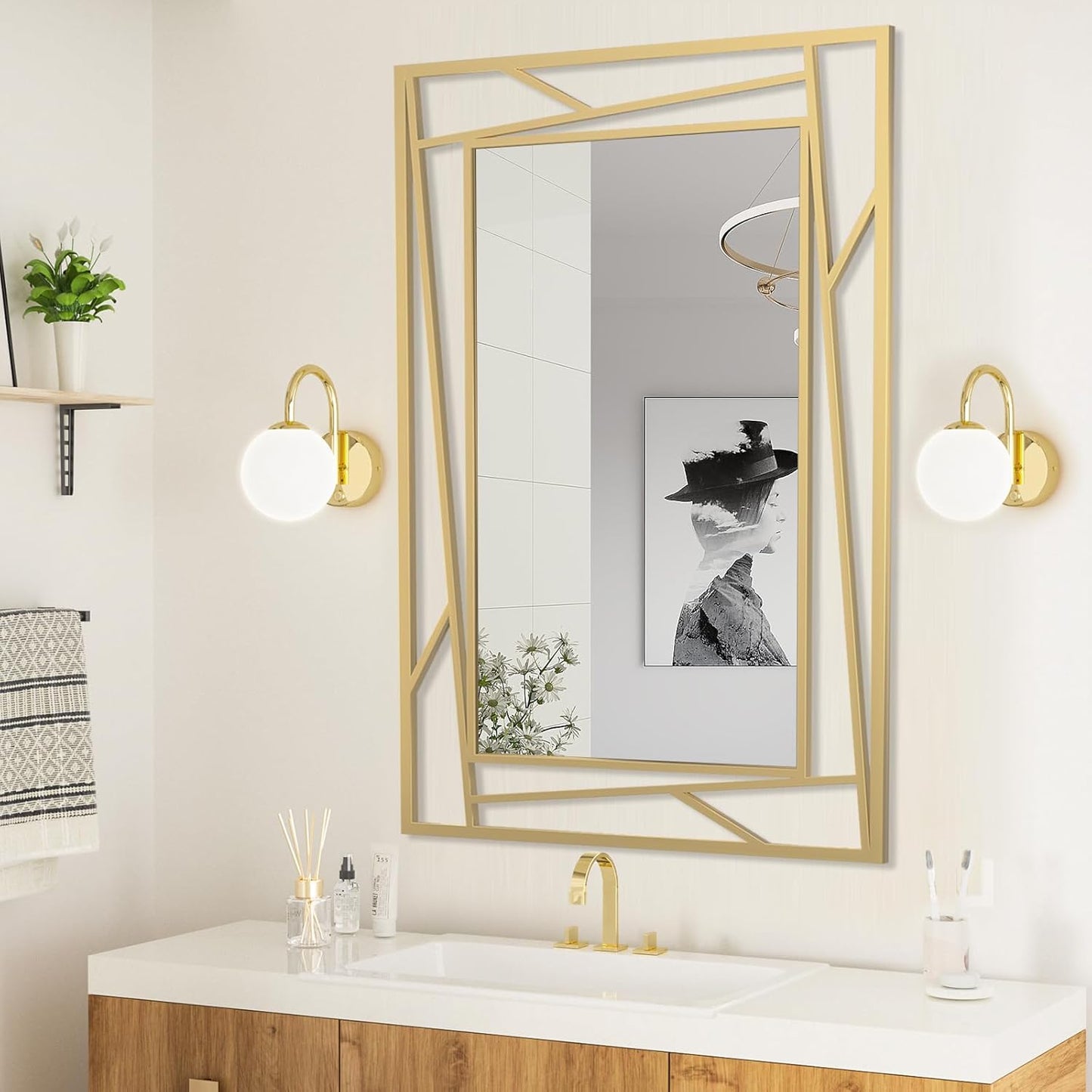Gold Bathroom Mirror, 36''X24'' Decorative Wall Mirrors with Geometric Metal Frame for Living Room, Bedroom, Bathroom, Entrance, Expands Space, Horizontal/Vertical