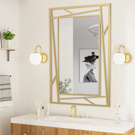 Gold Bathroom Mirror, 36''X24'' Decorative Wall Mirrors with Geometric Metal Frame for Living Room, Bedroom, Bathroom, Entrance, Expands Space, Horizontal/Vertical