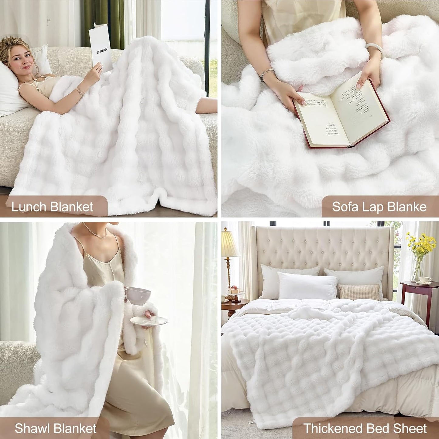 Faux Fur White Throw Blanket for Couch - Super Soft Heavy Flufyy Thick Bubble Throw Blankets for Bed Bedroom Living Room Farmhouse Sofa Chair Fall Winter Warm, 50x60 Inch