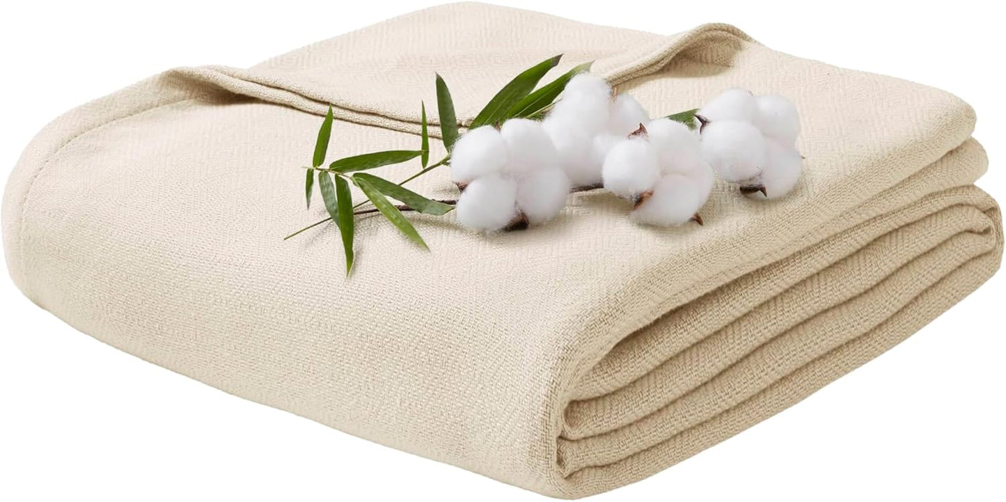 King Size Blanket, 70% Rayon (Derived from Bamboo) and 30% Cotton, Lightweight Jacquard Weave, Breathable and Soft Summer Blanket for Bed or Couch, 108” x 90”, Ivory