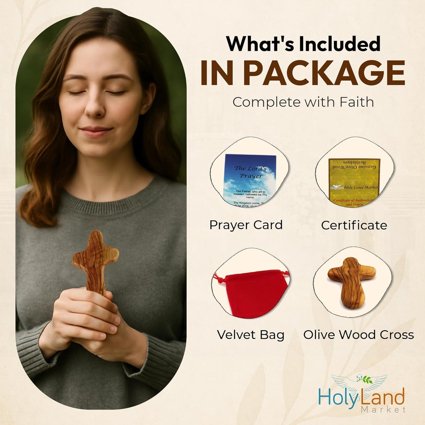 Holy Land Market Palm Sized Olive Wood Comfort Cross with Velvet Bag & Certificates, Holy Land Olive Wood Cross Handmade in Bethlehem, 4 In (6 Pack holy land comfort cross)