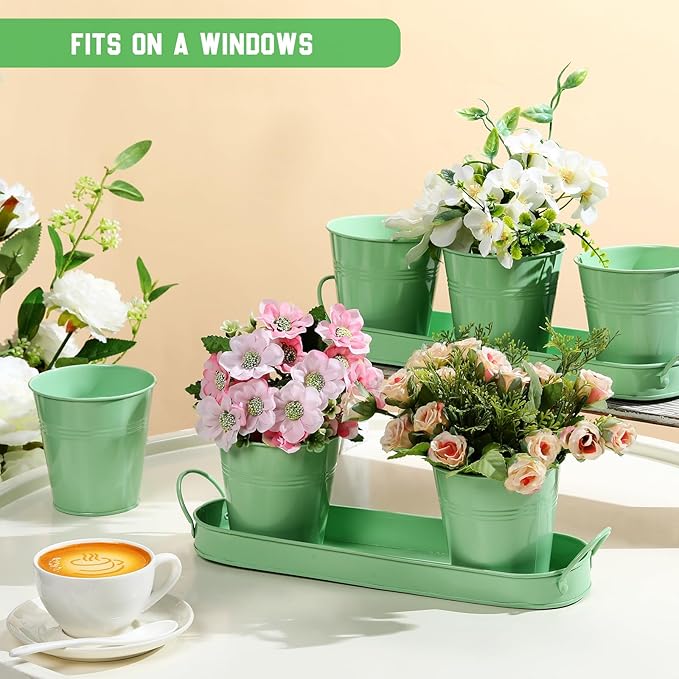 Hicarer 2 Sets Herb Planter with Tray Metal Herb Garden Planter with Drainage Farmhouse Windowsill Pots for Indoor Plants Flower Succulent Outdoor Kitchen Apartment Balcony Window (Green)