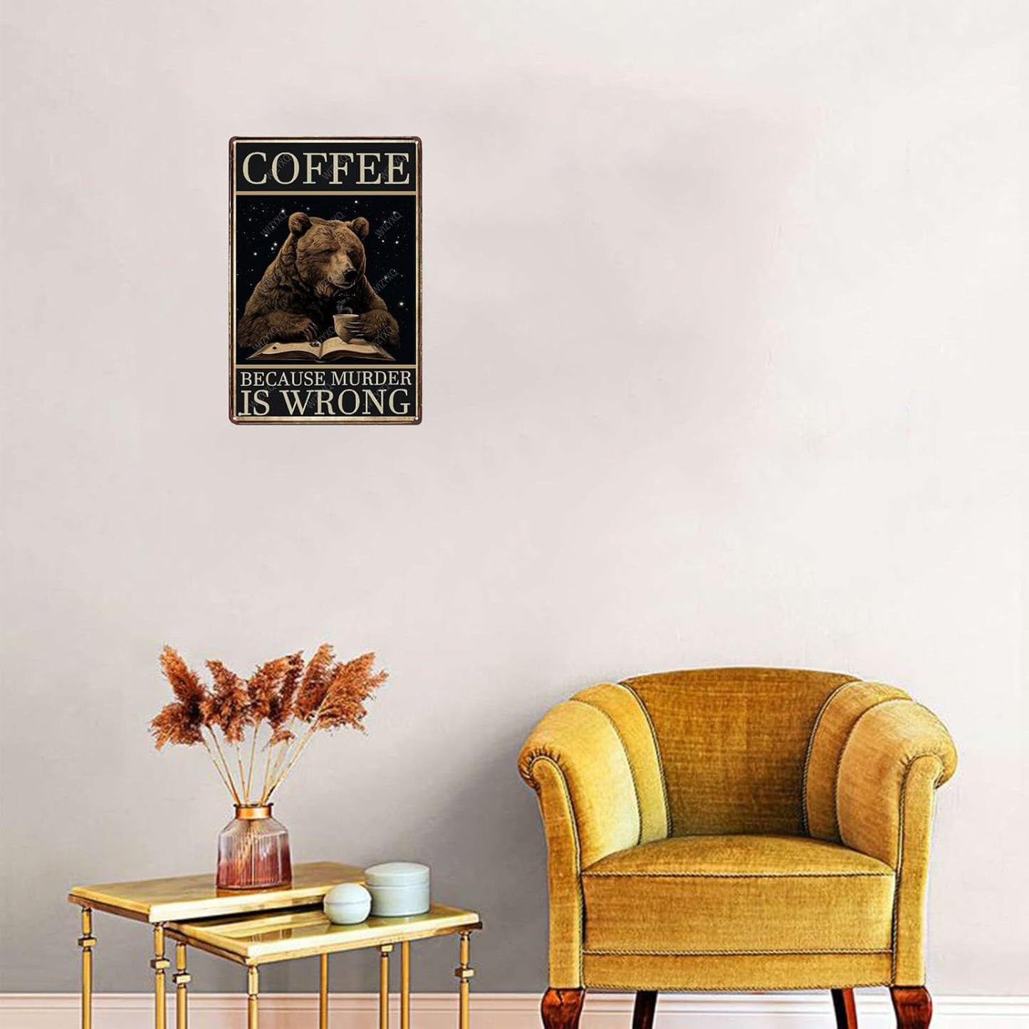 Metal Signs Coffee Because Murder Is Wrong Bear Vintage Tin Sign for Home Office Kitchen Bar Cafe Garden Wall Decor 12x8 Inch