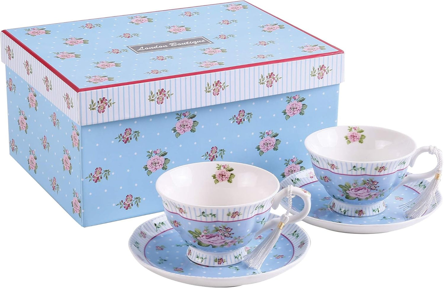 London Boutique Coffee Tea Cups and Saucers Set Afternoon Tea Vintage Flora Rose Gift Box 7.5oz (Rose Blue Set 2)