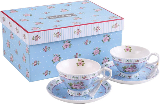 London Boutique Coffee Tea Cups and Saucers Set Afternoon Tea Vintage Flora Rose Gift Box 7.5oz (Rose Blue Set 2)