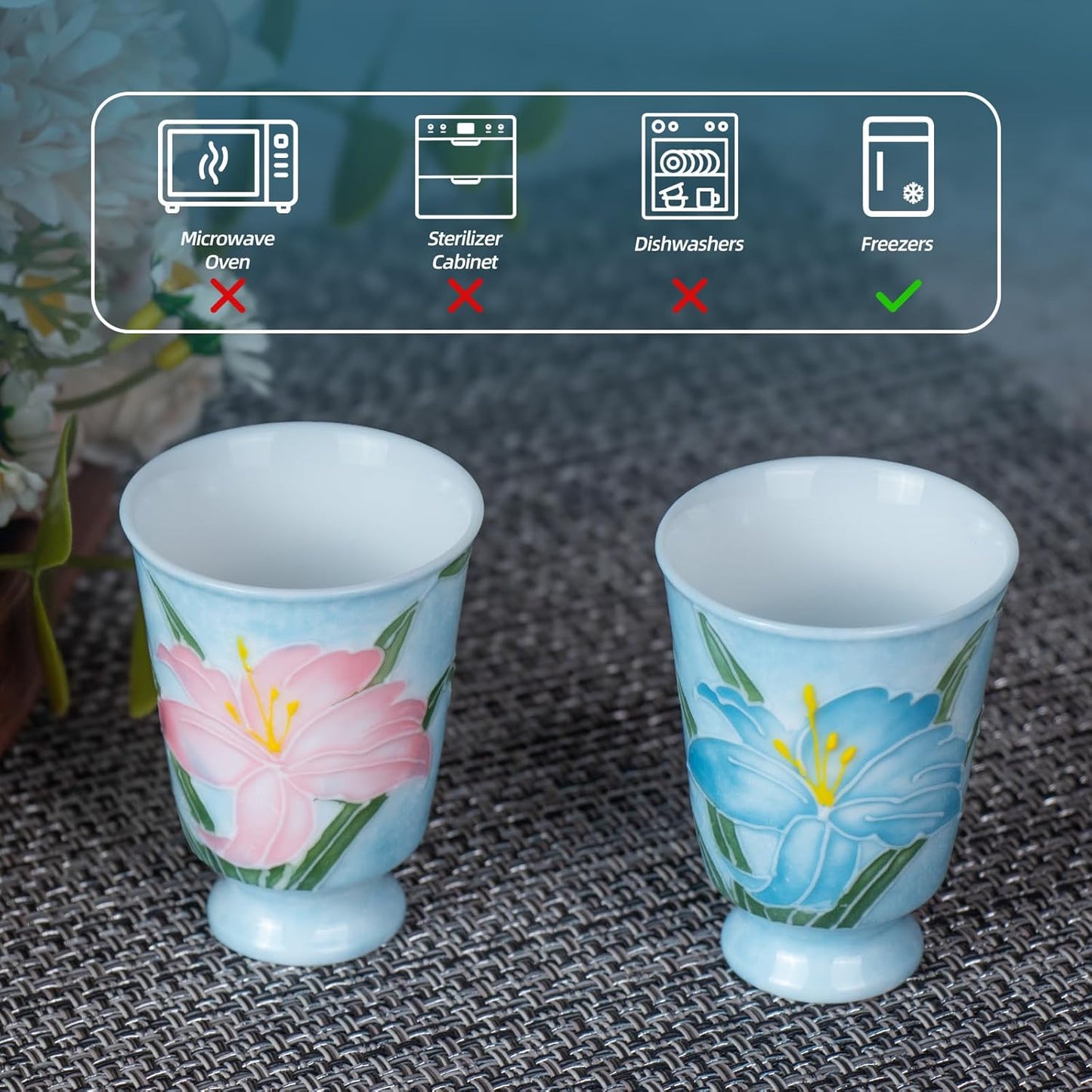 KAMMAK Ceramic Tea Cups Small, Cute Vintage Coffee Cup Set of 2, Porcelain Teacups Espresso Mug, 1.5oz Hand Painted Chinese Afternoon Tea Party Mugs, Birthday Gift for Women Men, Hand-Piled Lily