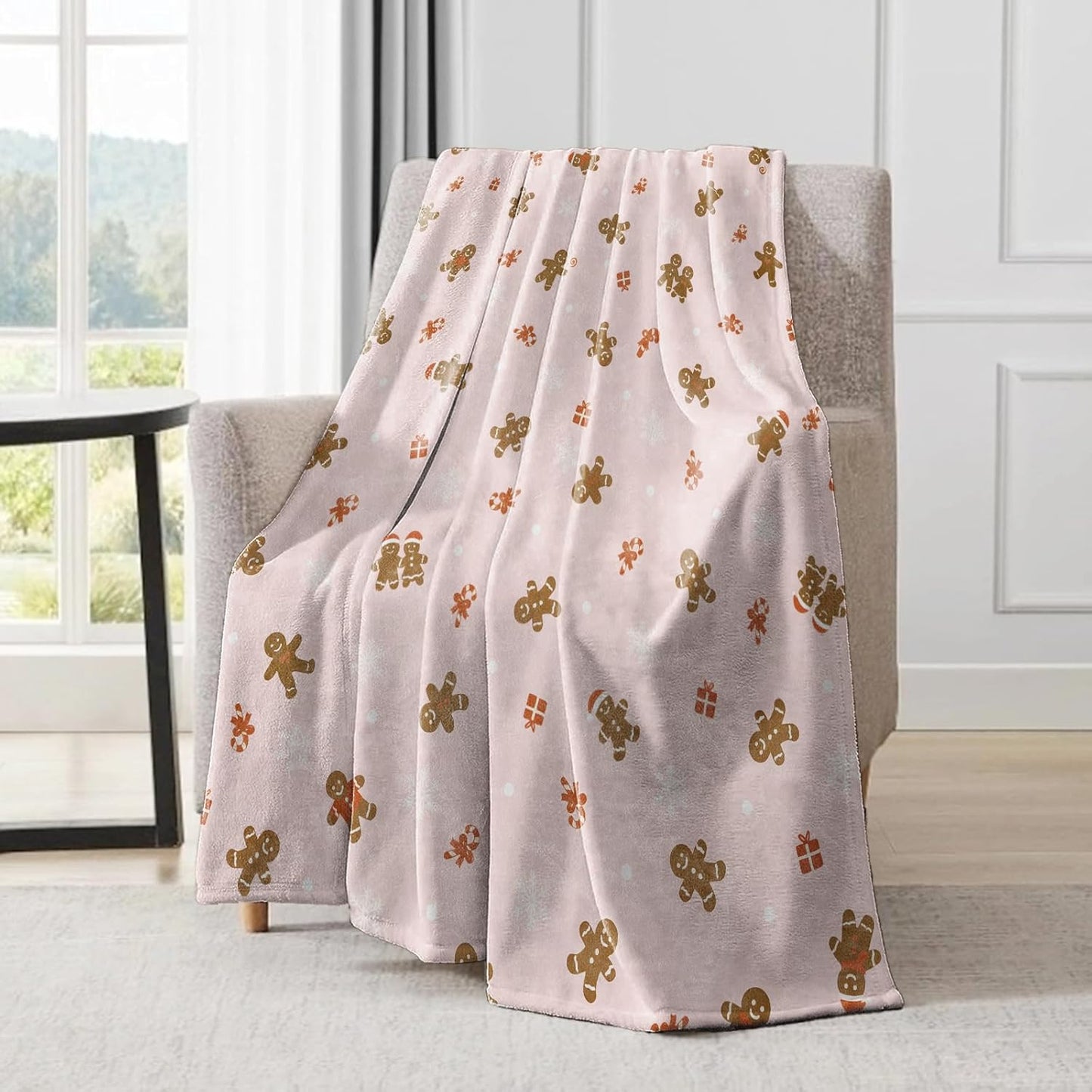 Gingerbread Man Christmas Decorative Throw Blanket,Candy Snowflake Print Decoration,Flannel Winter Pink Blankets for Couch Sofa,Holiday Decor,Xmas Festival Gifts for Girls Kids 60x80 Inch