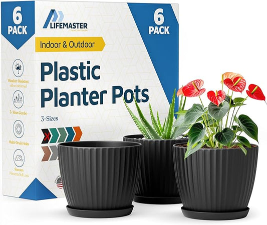 Black 6-Inch Plant Pots with Drainage & Saucers 6 Pack, Indoor & Outdoor Planters for Houseplants, Herbs, and Flowers, Durable & Weatherproof Material, Stackable, Lightweight, Minimalist Design