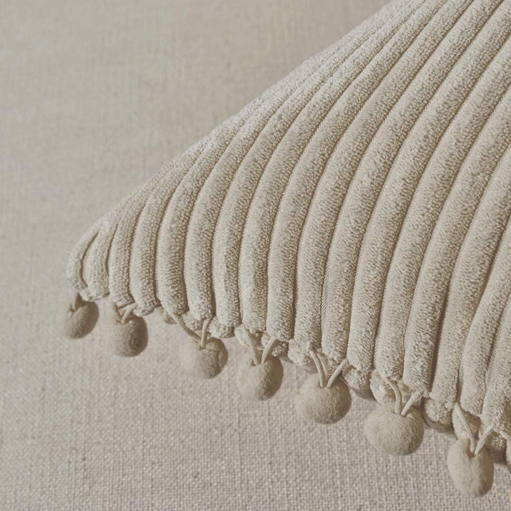 Fancy Homi Pack of 2 Tan Boho Decorative Throw Pillow Covers 18x18 with Pom-poms, Soft Corduroy Solid Square Cushion Cases Set for Living Room Couch Sofa Bedroom Car (18x18 Inch/45x45 cm, Khaki)