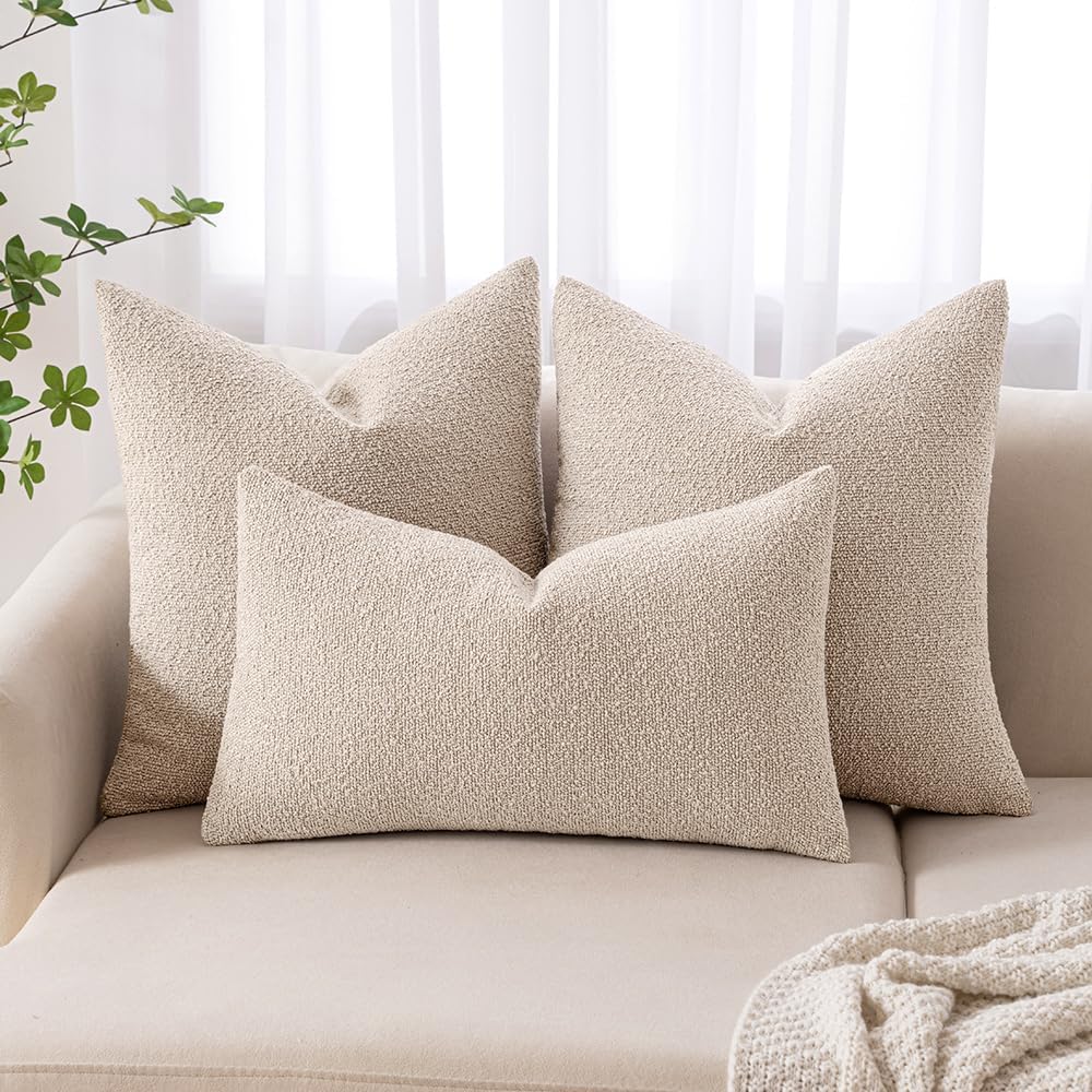 MIULEE 18x18 Inch Decorative Pillow Covers for Couch Bed Set of 2 Textured Boucle Neutral Winter Throw Pillows Oatmeal Accent Solid Cushion Pillowcases Sofa Livingroom Home Decor