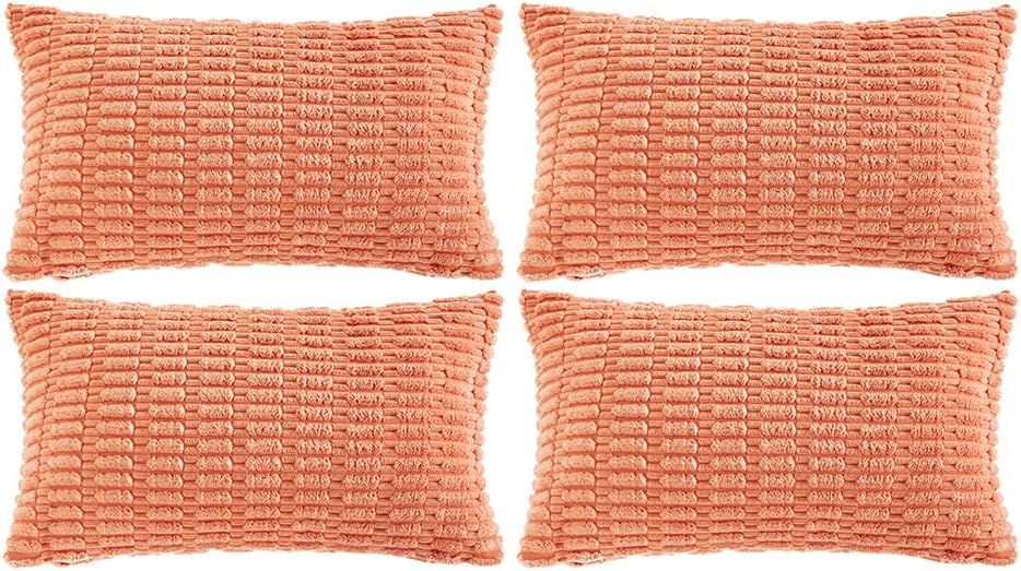 Fancy Homi 4 Packs Boho Coral Decorative Throw Pillow Covers 12x24 Inch for Living Room Couch Bed Sofa, Rustic Modern Farmhouse Home Decor, Soft Plush Corduroy Peach Cute Square Cushion Case 30x60 cm