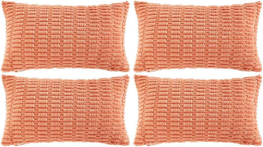 Fancy Homi 4 Packs Boho Coral Decorative Throw Pillow Covers 12x24 Inch for Living Room Couch Bed Sofa, Rustic Modern Farmhouse Home Decor, Soft Plush Corduroy Peach Cute Square Cushion Case 30x60 cm