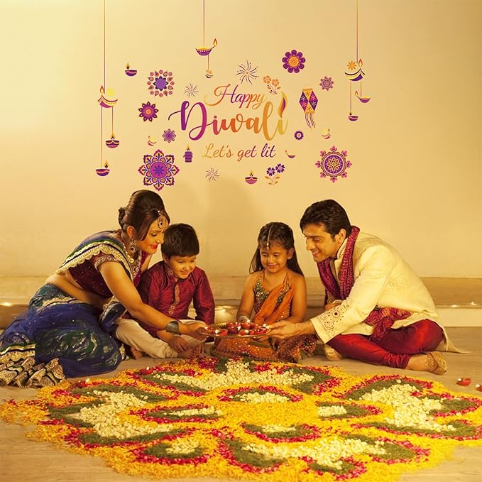 HLNIUC Happy Diwali Wall Stickers Peel and Stick(35”x12”) Let’s Get It Diwali Window Clings Double Sided,Multicolor Indian Festival of Light Wall Decal,Diyas Party Decoration Supplies for Living Room