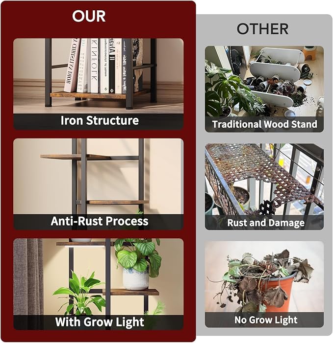 Plant Stand Indoor with Grow Light, 5-Tiered Tall Plant Stand Indoor, Metal Plant Shelf with Bookshelf Bookcase and Adjustable Light, Ideal for Living Room, Reading room, Garden, Patio (Brown)