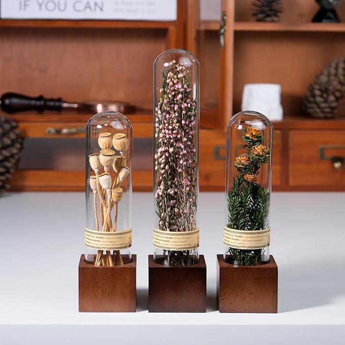 3Pcs Dried Flowers Book Shelf Decor,Boho Shelf Decor,Small Plants Decor for Office Shelves,Natural Forest Green Plants Decor with Wooden Base,Rustic Farmhouse Decor,Unique Gifts for Women,Friends