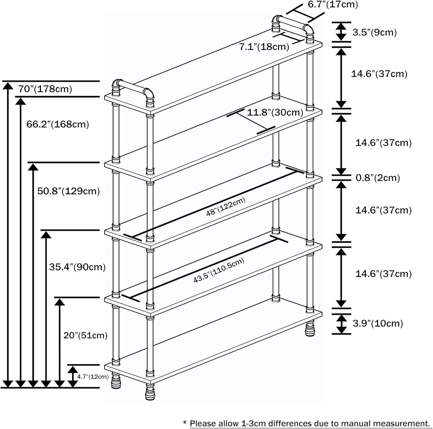 Industrial Bookshelf, 5-Tier Pipe Shelf, Wall Mounted Bookcase for Home and Office (Weathered Brown, 48" L x 11.8" W x 70" H)
