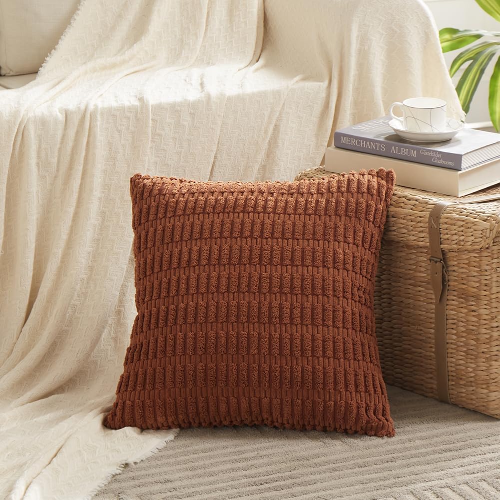 Fancy Homi 4 Packs Rust Decorative Throw Pillow Covers 16x16 Inch for Living Room Couch Bed Sofa, Terracotta Rustic Farmhouse Boho Home Decor, Soft Plush Striped Corduroy Square Cushion Case 40x40 cm