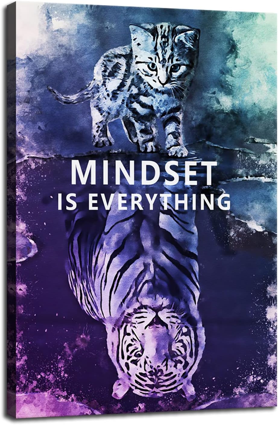 Mindset is Everything Inspirational Canvas Wall Art Small Cat Big Tiger Picture Prints Poster Modern Motivational Painting Artwork Home Office Wall Decorations Framed Ready to Hang[12"W X 18"H]