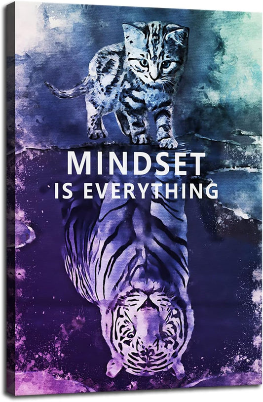Mindset is Everything Inspirational Canvas Wall Art Small Cat Big Tiger Picture Prints Poster Modern Motivational Painting Artwork Home Office Wall Decorations Framed Ready to Hang[12"W X 18"H]