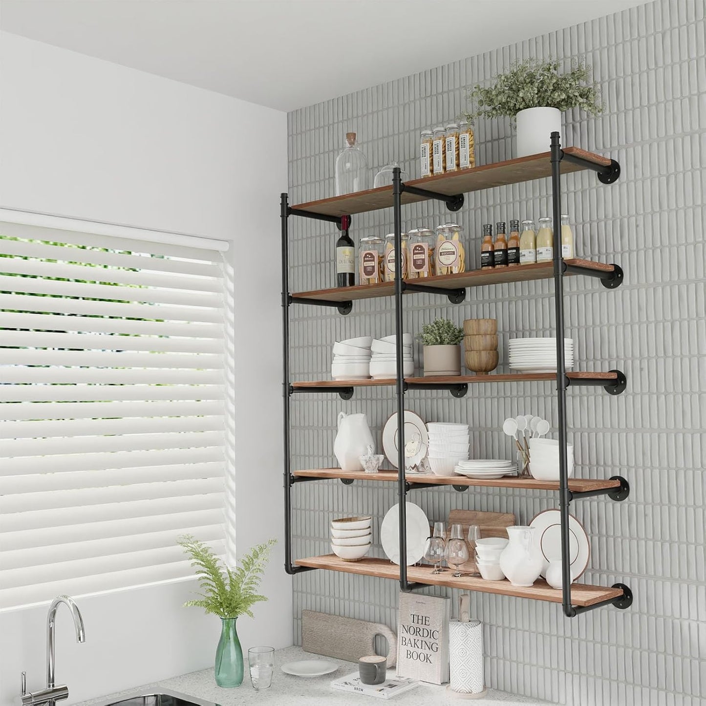 Industrial Pipe Shelf Brackets Wall Mount, Open Black Pipe Shelving for Kitchen,Floating Shelf Brackets Mount,Open Bookshelf Brackets for Shelves,Wall Shelves 12 Inch Deep,(2PcsX3Tier,61" Tall)