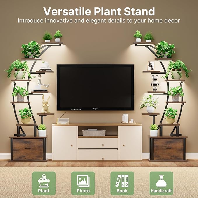 10-Tier Tall Plant Stand Indoor with Grow Lights, 65" Corner Plant Shelf with Storage Drawer, Metal Plant Rack for Multiple Plants, Waterproof & Sturdy Display Holder for Living Room, Patio