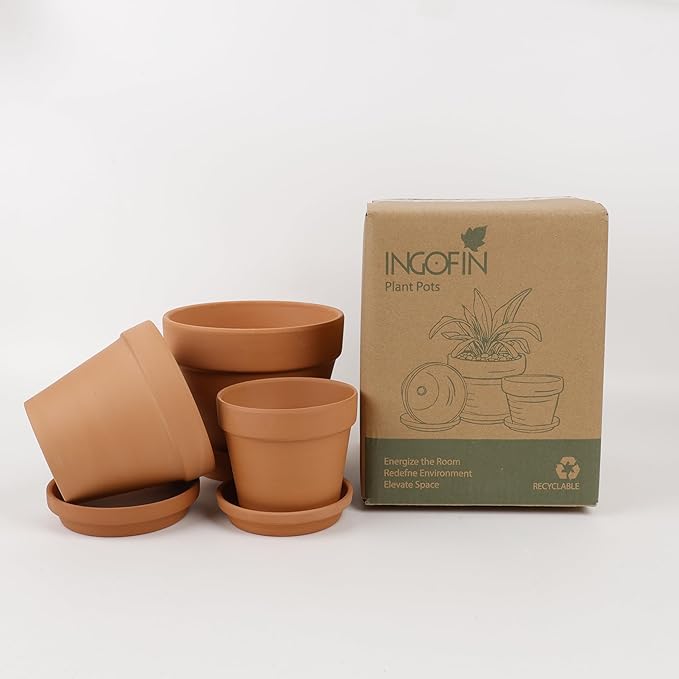 INGOFIN Terracotta Pots Set with Saucer - 5/6/7 inch Ceramic Clay Planters with Drainage Hole, Garden Flower Succulent Pots with Tray for Indoor Outdoor Plants, Set of 3