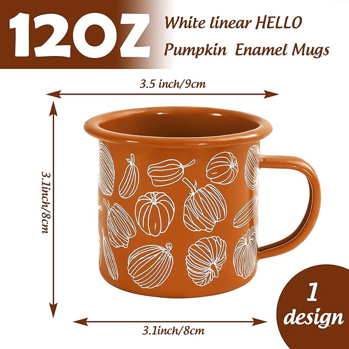 Whaline 2Pcs Fall Mini Coffee Mugs 12oz Hello Pumpkin Enamel Cup with Handle Orange Autumn Pumpkin Drinking Mug for Birthday Party Favor Supplies
