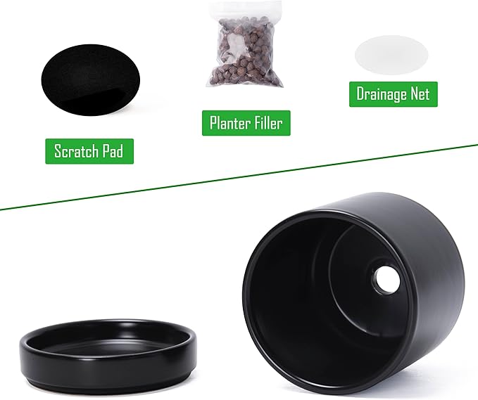 D'vine Dev Set of 2 Plants Pot, 4.7 Inch Ceramic Planter Pot for Plants with Drainage Hole and Saucer, Black, 94-V-B-2