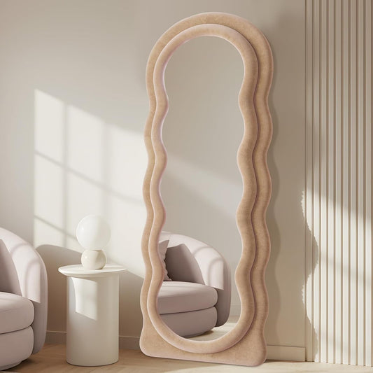 Full Length Mirror 63"x24" Arched Wavy Full Body Wall Mounted Floor Mirror with Stand Milk Tea Flannel Frame Leaning Hanging Wall Mirror for Bedroom Entrance Hallway