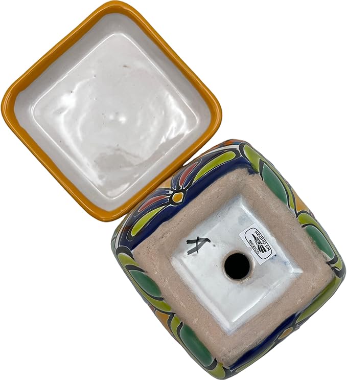 Talavera Square Planter Pot w/Saucer Folk Art Multicolor Mexican Pottery Home Decor Hand Painted Handmade Indoor Outdoor (Multi 9)