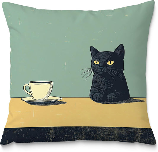 Black Cat Throw Pillow Covers 18x18, Vintage Black Cat Art Painting Decor Pillow Covers, Cats Lovers Mom Grandma Gifts, Aesthetic Cats Drinking Coffee Decor for Room Bedroom