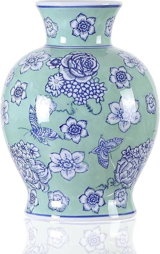 Vintage Chinoiserie Floral Ceramic Vase, Large Rustic Pottery Vases for Living Room, Entryway, Dining Table Centerpiece, Farmhouse Home Décor, Floor or Tabletop Flower Vase, (Green)