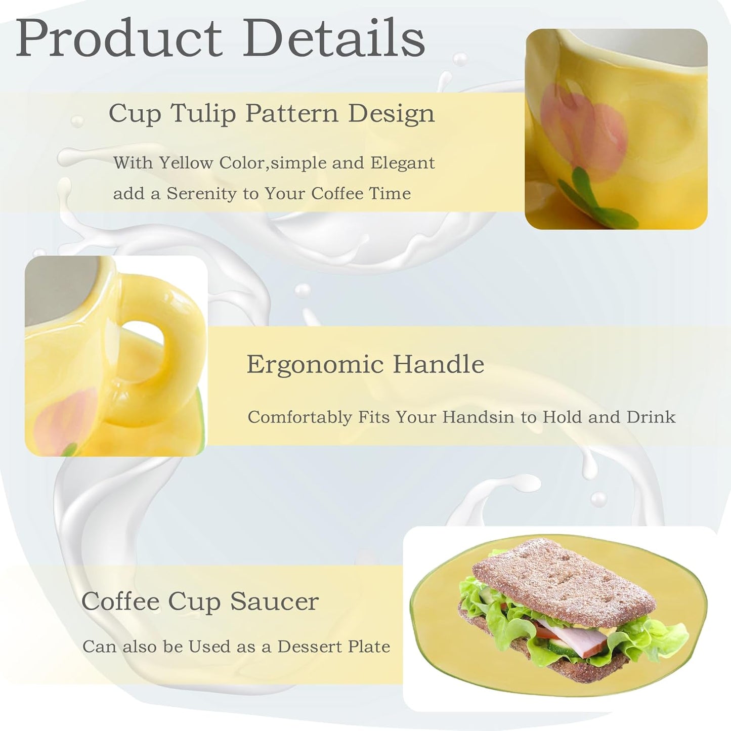 Coffee Mugs Set with Saucer Cute Yellow Tulip Cup Gifts Tea Coffee Mug 250 ML Ceramic Flowers Cup Birthday Gift for Women Girls Mom Friend Coffee Mug