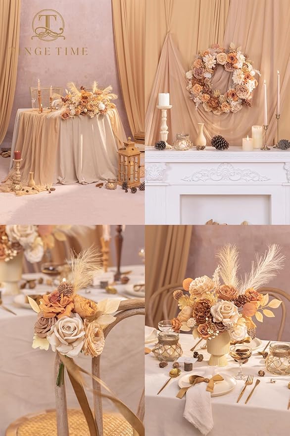 TINGE TIME Silk Fake Flowers Combo, Fake Foam Roses with Stems for DIY Wedding Bouquets Centerpieces Baby Shower Party Home Decorations(Nude Color & Pale Coffee)