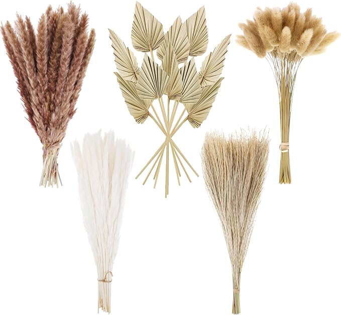 110 Pieces Dried Pampas Grass Decor Bulk, Dried Palm Spears Bunny Tails Pampas Reed Grass Dried Palm Leaves Dried Flower Bouquet for Wedding Boho Home Decor