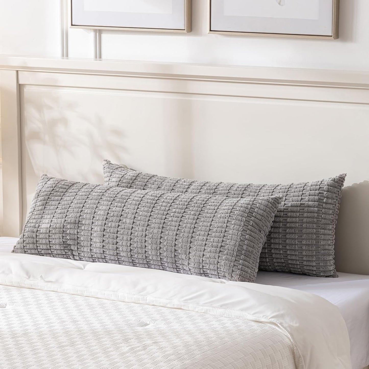 Fancy Homi Gray Long Lumbar Farmhouse Decorative Throw Pillow Covers 20x54 Inch for Bed Couch Bed Sofa, Rustic Boho Room Decor, Soft Striped Corduroy Rectangle Cushion Case 50x137 cm