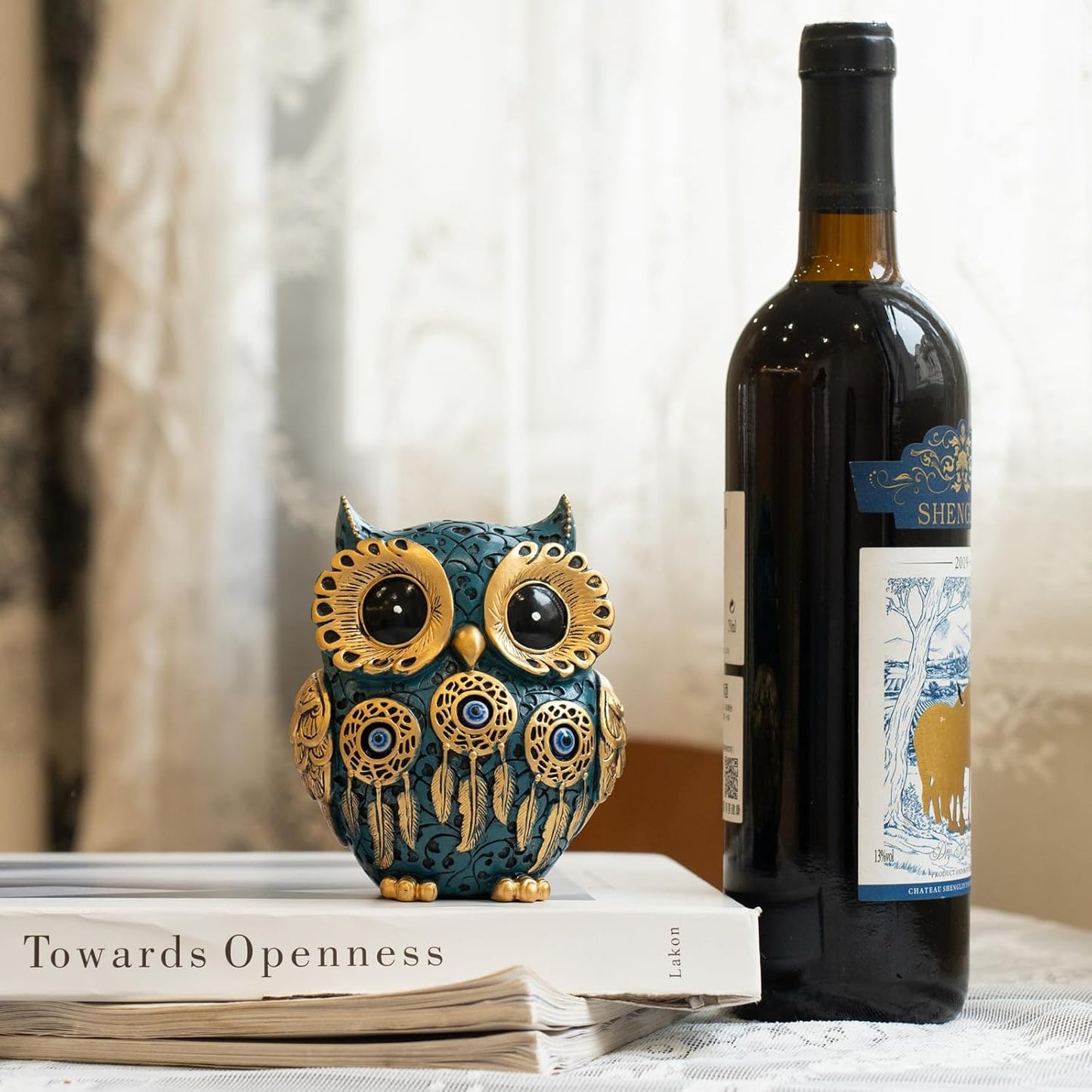 Decorative Owl Figurine, Vintage Blue and Gold Owl Statue Home Decor - Evil Eye Accent for Bookshelf, Bedroom, Living Room, Office & Table. Cute Small Animal Sculpture Gift for Birds Lovers.(Blue)
