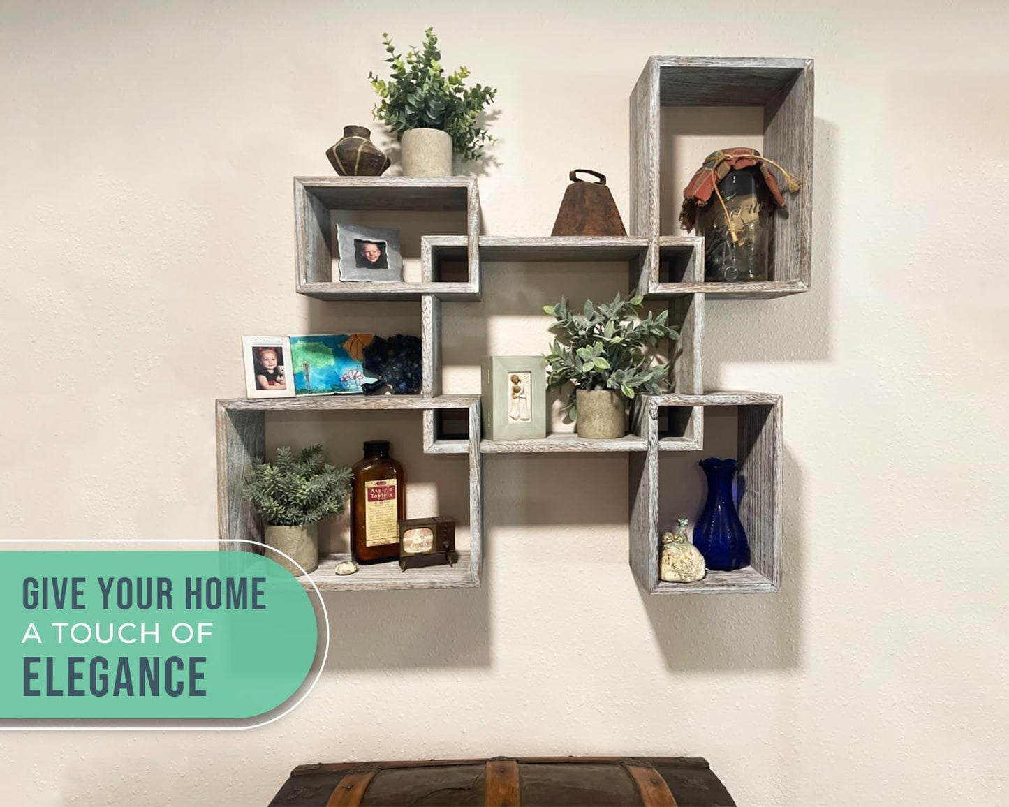 Comfify Rustic Wall Mounted Square Shaped Floating Shelves – Set of 5 Square Shelves for Bathroom, Bedroom, Living Room & More – Wall Decor Display for Home - Distressed White