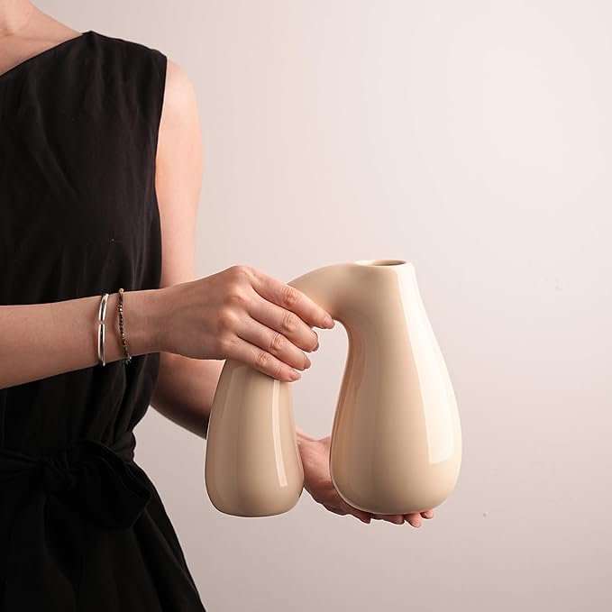 White Ceramic Decorative Pitcher Vase, 7.5 in – Glossy Sculptural Arch-Handle, Modern Home Décor Accent for Fresh or Dried Floral Arrangements, Table/Shelf/Entryway, Giftable