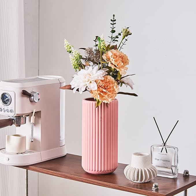 Pink Ceramic Flower Vase for Pampas Grass, 8 inch Small Decorative Centerpiece Ribbed Vase for Dining Table, Office Desktop, Shelf Bookshelf, Mantel, Entryway, Bathroom, Countertop, Farmhouse, Gift