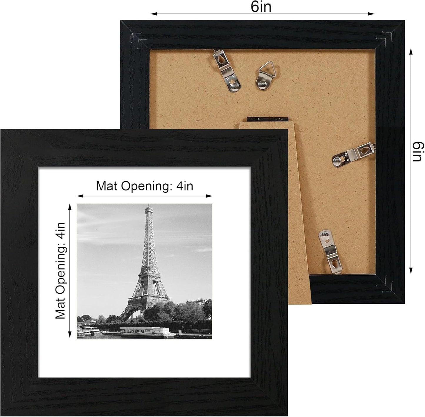 iRahmen 6x6 Picture Frame Set of 4 with High Definition Glass, Black Frames Display 4x4 Picture with Mat or 6 x 6 Without Mat, Square Wood Photo Frame for Wall Mount and Tabletop Display