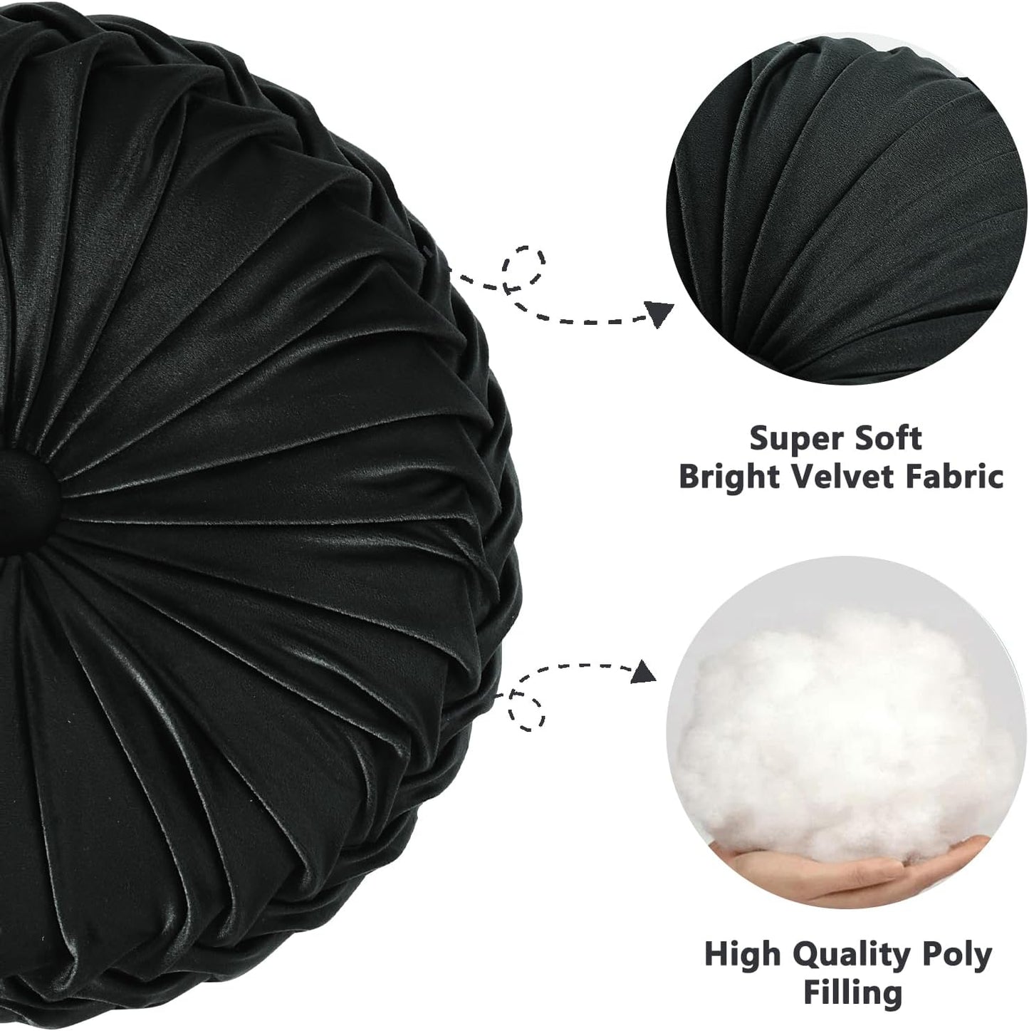 HIG Set of 2 Decorative Round Pleated Throw Pillows, Classy Accent Pumpkin Throw Pillows with Center Button, Vintage Velvet Floor Pillows for Sofa Vanity Chair Bed, Black, 14.5" Diameter(Ripple)
