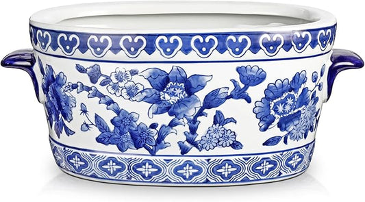 Blue and White Ceramic Planter Pot – Vintage Floral Oval Cachepot Vase for Indoor Plants, Flowers & Succulents – Glazed Chinese Porcelain Style Decorative Bowl –10.6" Size – No Drainage