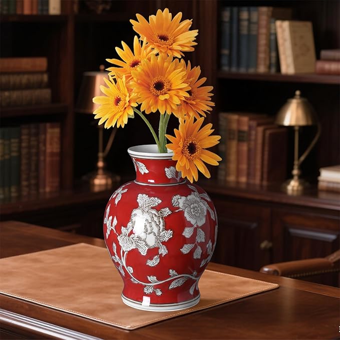 Vintage Chinoiserie Floral Ceramic Vase, Large Rustic Pottery Vases for Living Room, Entryway, Dining Table Centerpiece, Farmhouse Home Décor, Floor or Tabletop Flower Vase, (Red)
