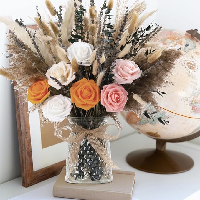 107pcs Natural Dried Pampas Grass Decor with Vase Artificial Flowers in Vase Boho Home Decor Bouquet Bunny Tails Dried Flowers, Reed Grass Bouquet for Wedding Floral Arrangements (107pcs)