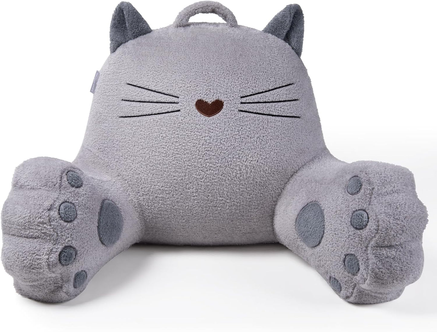 Blissful Diary Kitty Reading Pillow for Kids/Teens/Adults, Back Rest Pillow for Sitting Up in Bed with Shredded Memory Foam, Includes Arms and Washable Cover, Light Gray