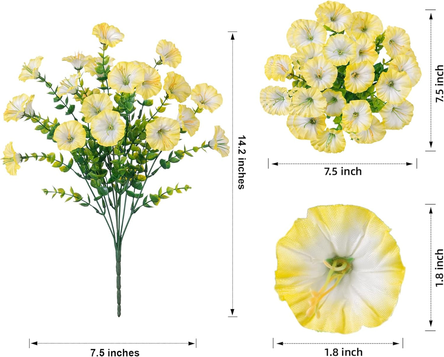 HyeFlora Artificial Flowers for Outdoors Fake Plants Outside Decoration, 12 Bundles Silk Colorful Morning Glory with Eucalyptus UV Resistant Realistic Faux Flowers for Planter Porch Patio Yard Indoor